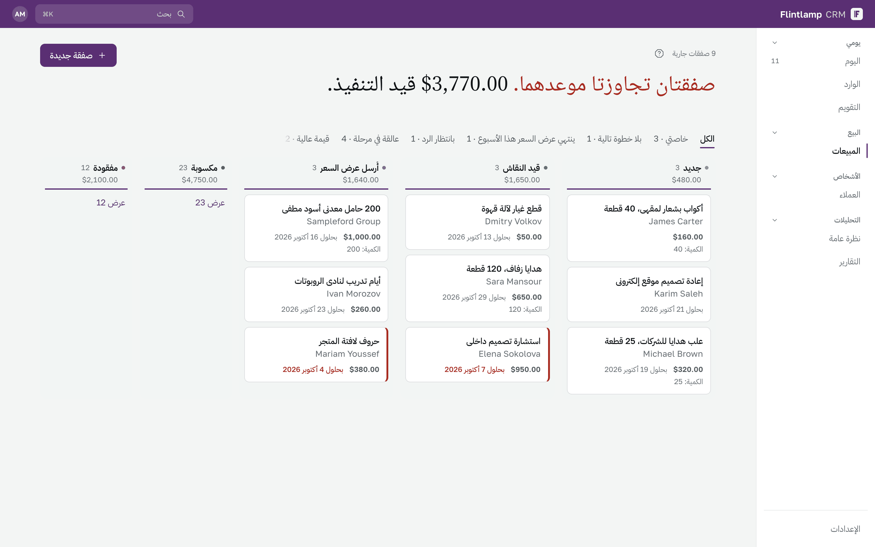 لوحة الصفقات مع تمييز المتأخرة