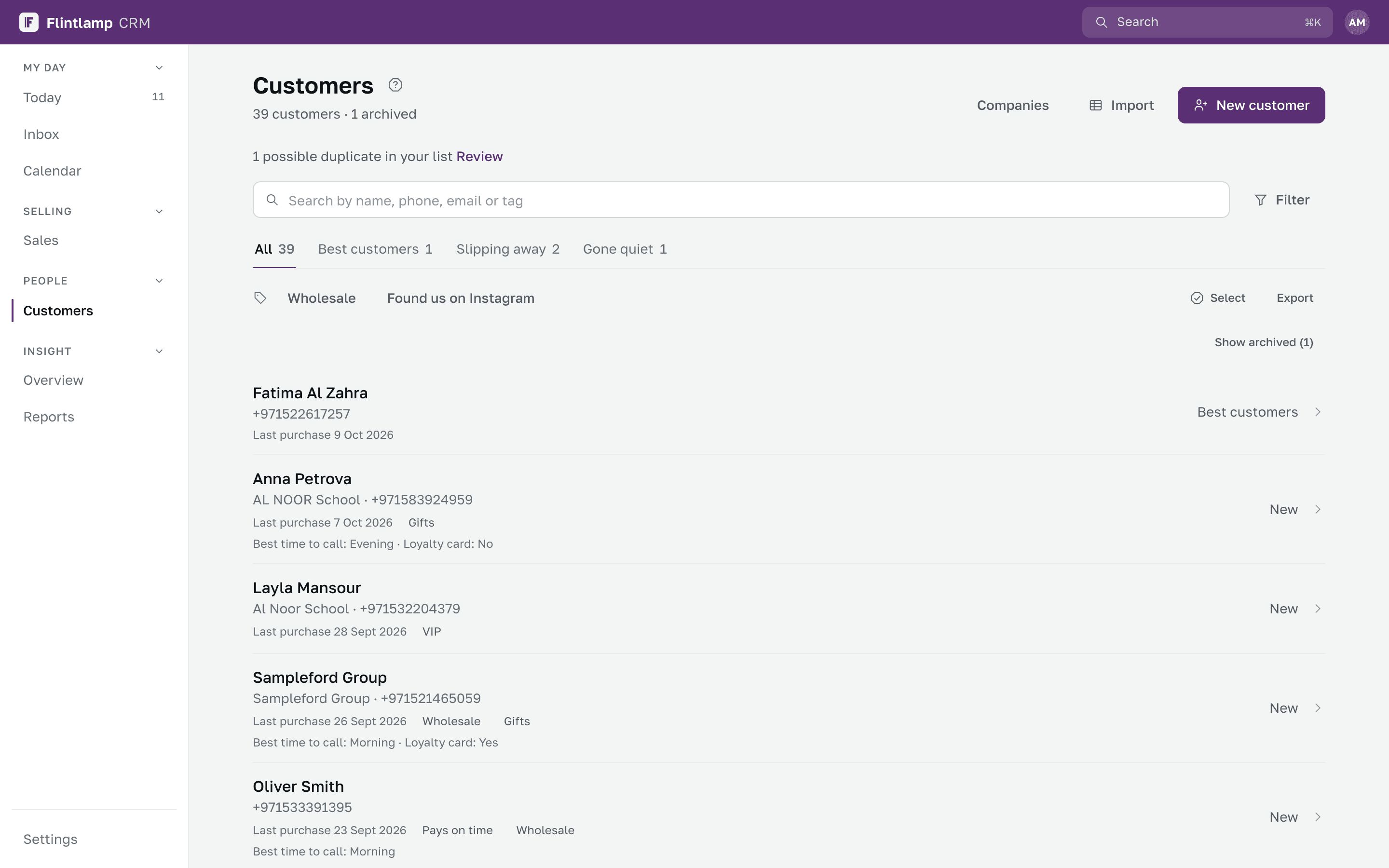 The customer list with its groups